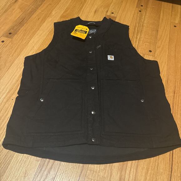 NWT Carhartt Rugged Flex Canvas Relaxed Fit Women’s SZ L Black Snap Vest New - Picture 1 of 10